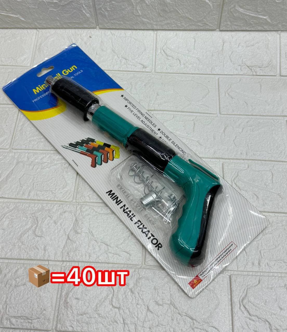 Пистолет монтажный пороховой (Mini Nail Gun / Nail Fixator), зелёно-чёрный, в блистере, с насадкой и дюбель-гвоздями, регулировка 5 положений